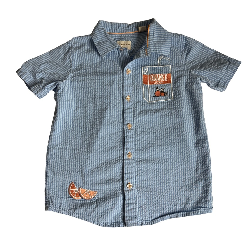 Scotch and Soda‎ Boys Blue Seersucker Orange Juice Button Down Shirt Kids 8
